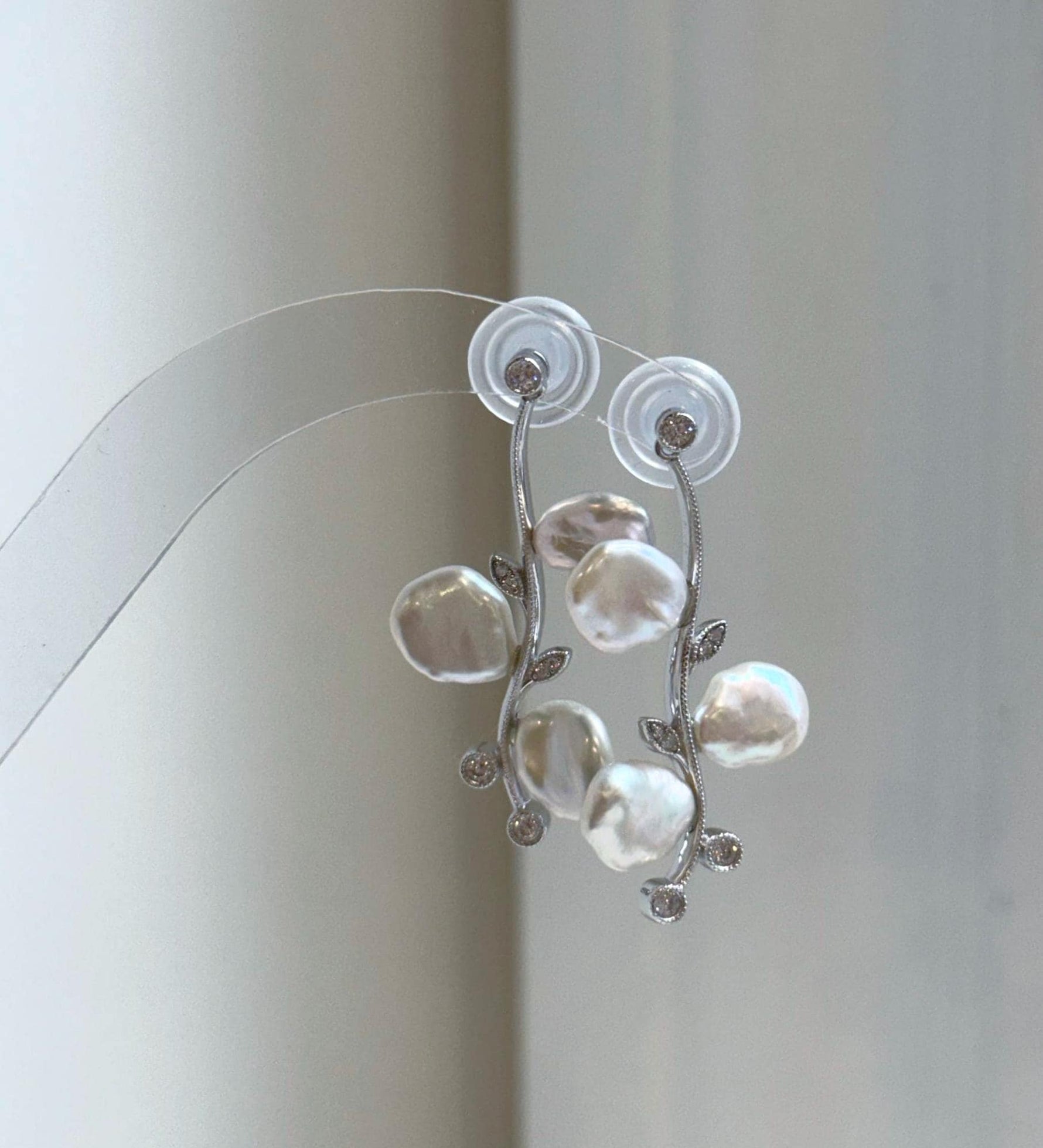 Elly’s freshwater white iridescent petal Keshi pearls Floral earrings chandeliers: 3.8cm high, S925 silver earrings. gift for her