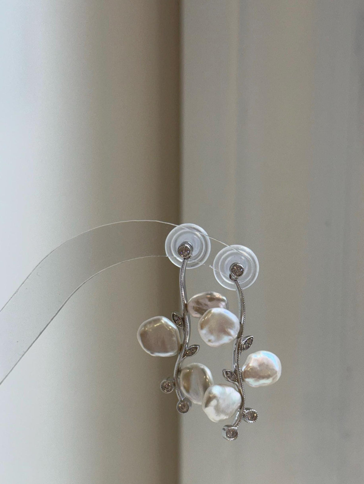 Elly’s freshwater white iridescent petal Keshi pearls Floral earrings chandeliers: 3.8cm high, S925 silver earrings. gift for her