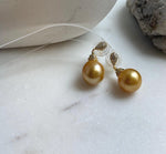 Elly’s 12.8mm Genius South sea deep golden ocean Pearls Earring: Extreme luster, 2.9cm high, S925 silver cool earrings.