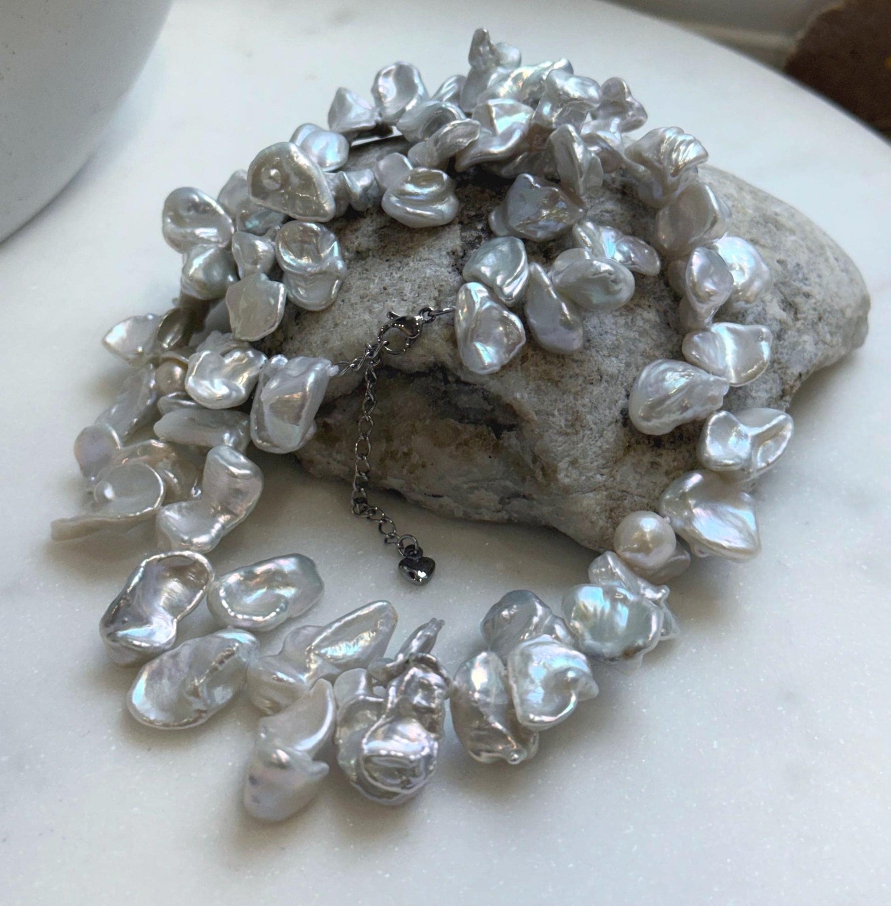 Elly’s Keshi petal white blue iridescent pearls necklace choker: Extreme luster, 19.1”.