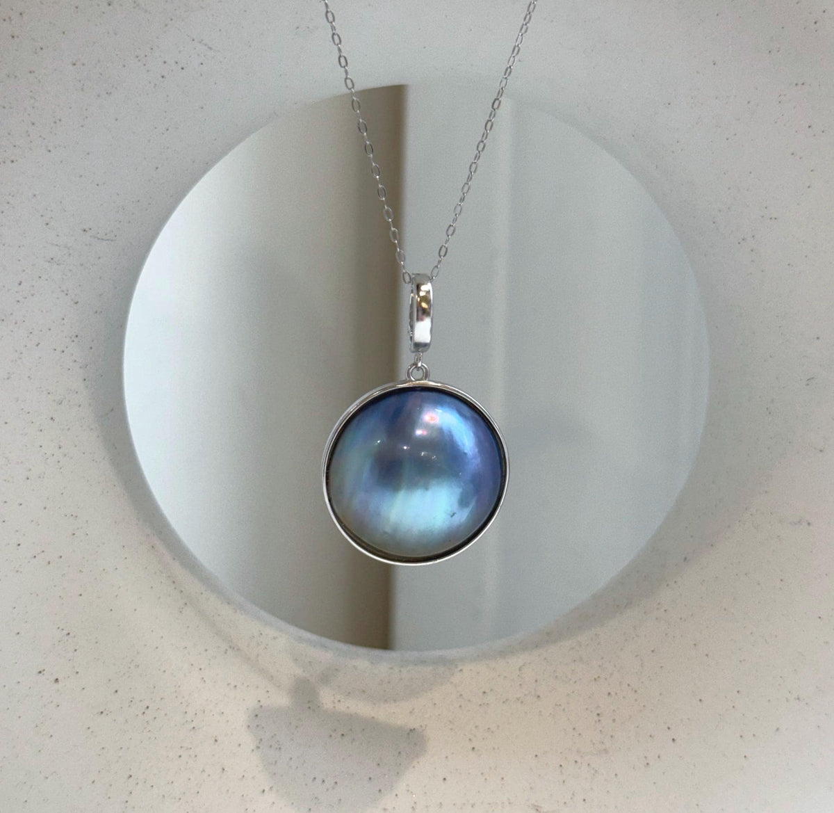 Elly’s Insale 20.5mm blue purple iridescent Ocean Round Mabe Pearl Pendant: Extreme luster, S925 Silver base pendant Necklace Set.