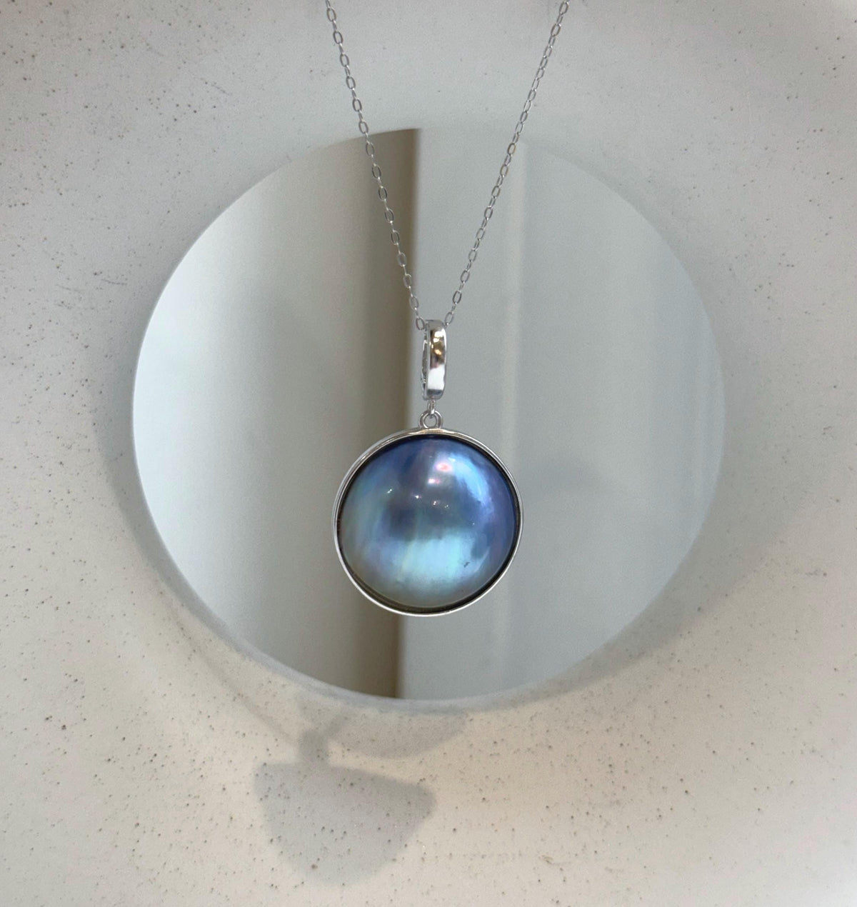 Elly’s Insale 20.5mm blue purple iridescent Ocean Round Mabe Pearl Pendant: Extreme luster, S925 Silver base pendant Necklace Set.gift for her