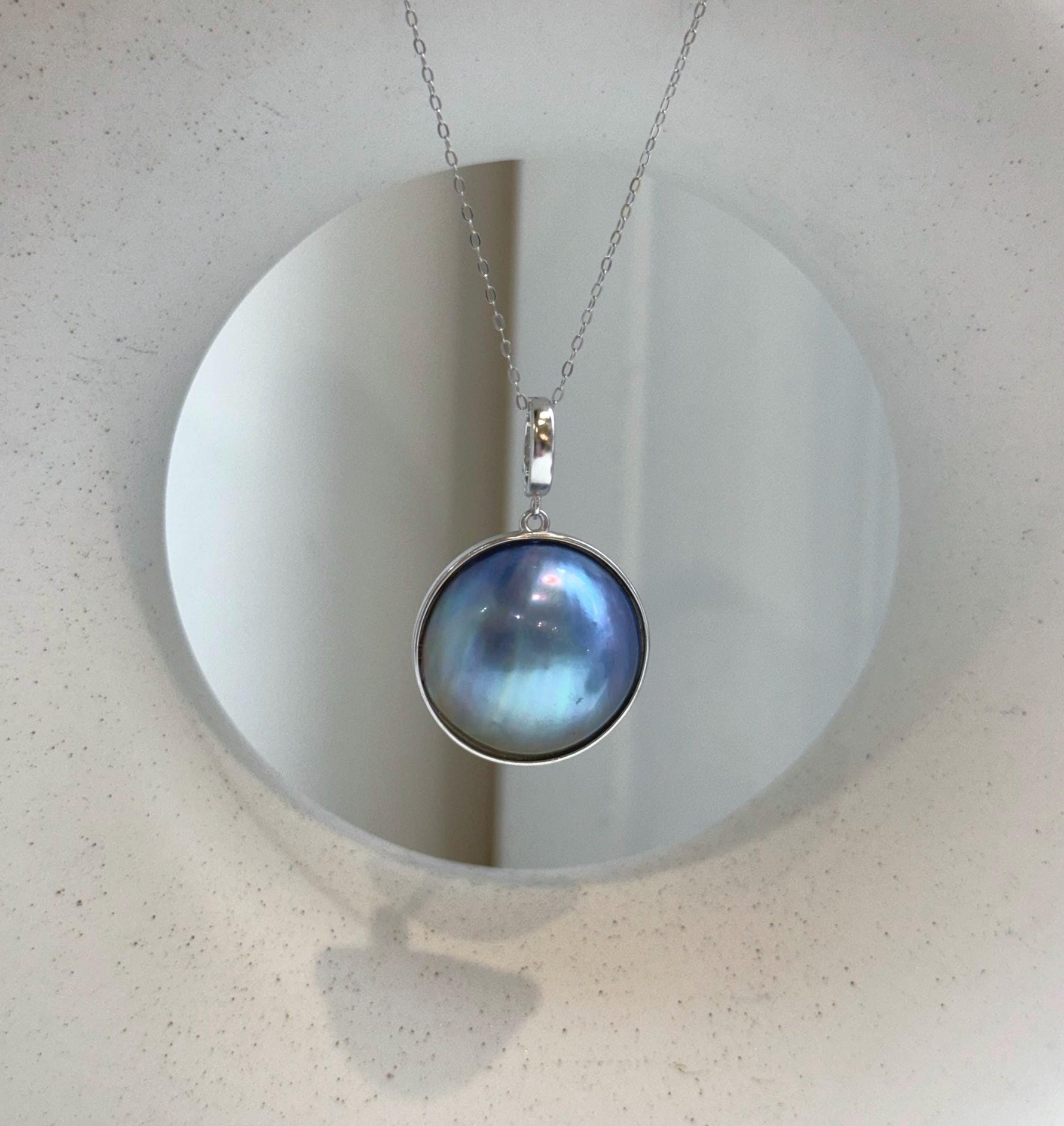 Elly’s Insale 20.5mm blue purple iridescent Ocean Round Mabe Pearl Pendant: Extreme luster, S925 Silver base pendant Necklace Set.gift for her