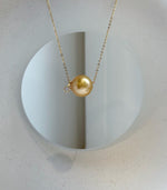 Elly’s Au750 18k Gold 12.8mm South sea deep gold ocean Pearl Floating pendant:Extreme luster mirrored, silver chain. gift for her