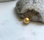 Elly’s Au750 18k Gold 12.8mm South sea deep gold ocean Pearl Floating pendant:Extreme luster mirrored, silver chain. gift for her