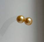 Elly’s 13.3mm Genius Large natural South sea Deep Gold ocean Pearls Earrings studs: Extreme luster mirrored, S925 silver minimalist earring. g high quality golden ocean pearls earrings studs for her