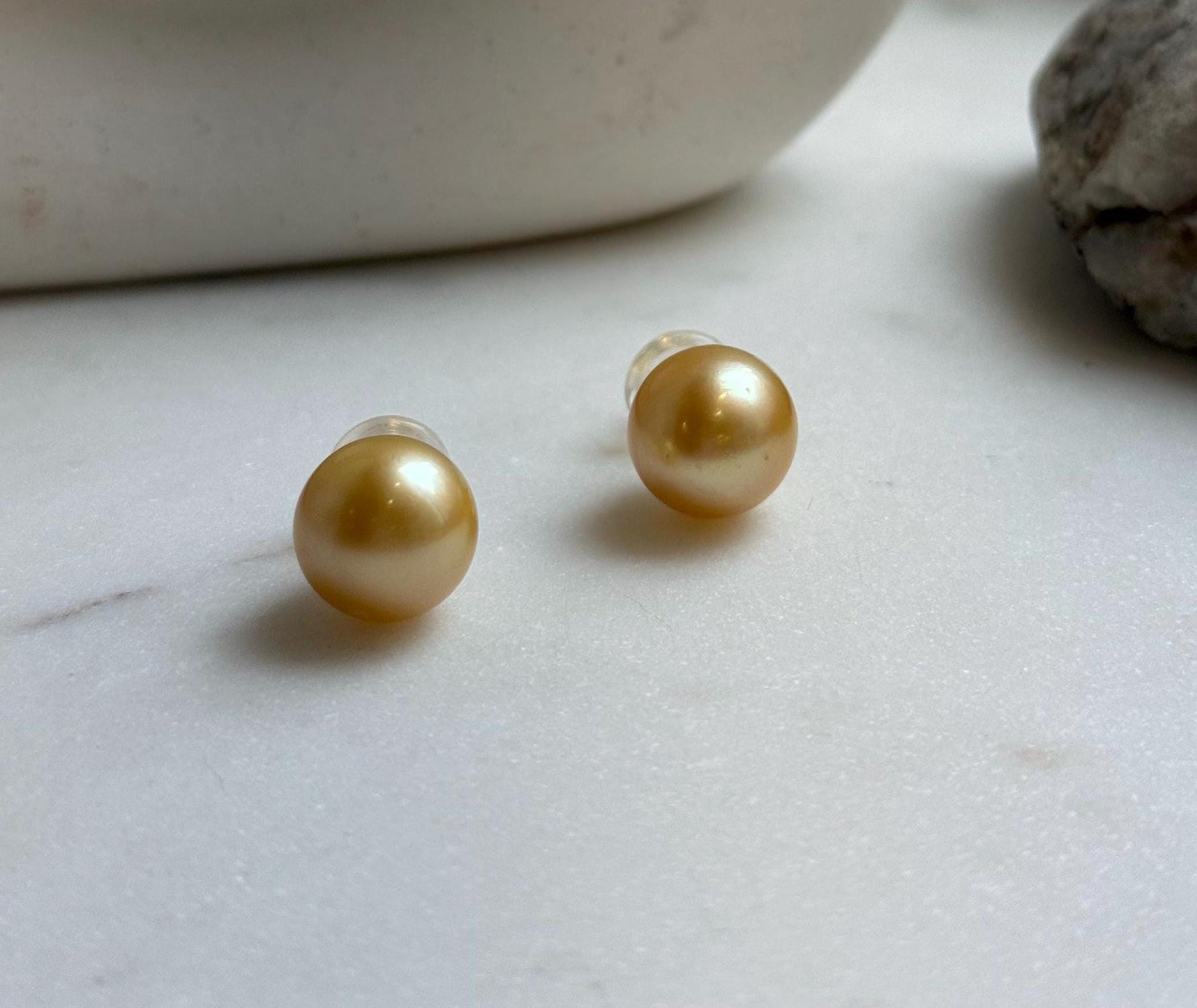 Elly’s 13.3mm Genius Large natural South sea Deep Gold ocean Pearls Earrings studs: Extreme luster mirrored, S925 silver minimalist earring. g high quality golden ocean pearls earrings studs for her