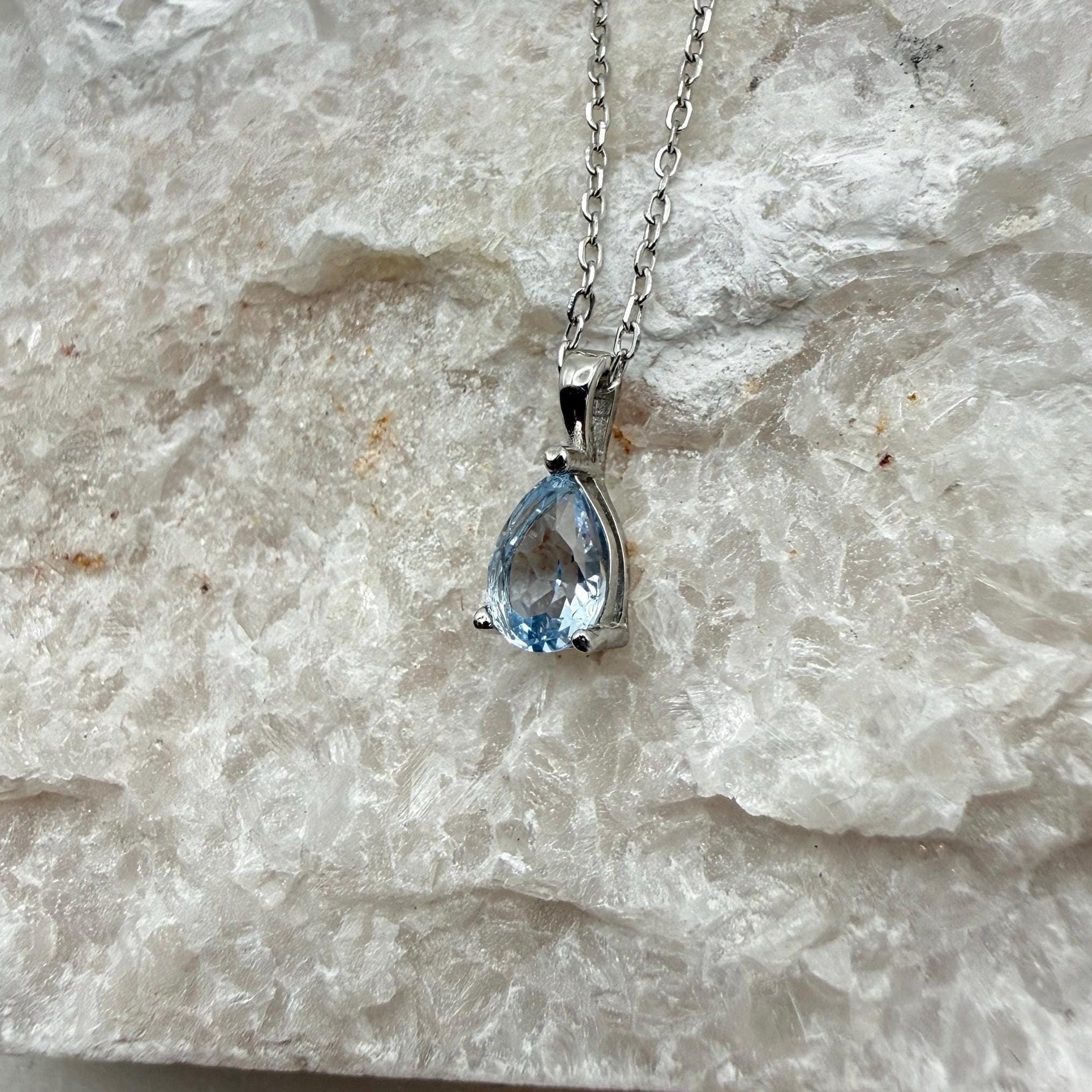 Santa Maria Blue Teardrop Aquamarine Necklace, 1.0-2.0ct Teardrop Lab Aquamarine Pendant, Solid Sterling Silver Jewelry