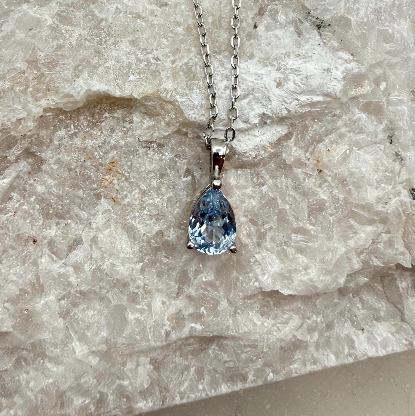 Santa Maria Blue Teardrop Aquamarine Necklace, 1.0-2.0ct Teardrop Lab Aquamarine Pendant, Solid Sterling Silver Jewelry