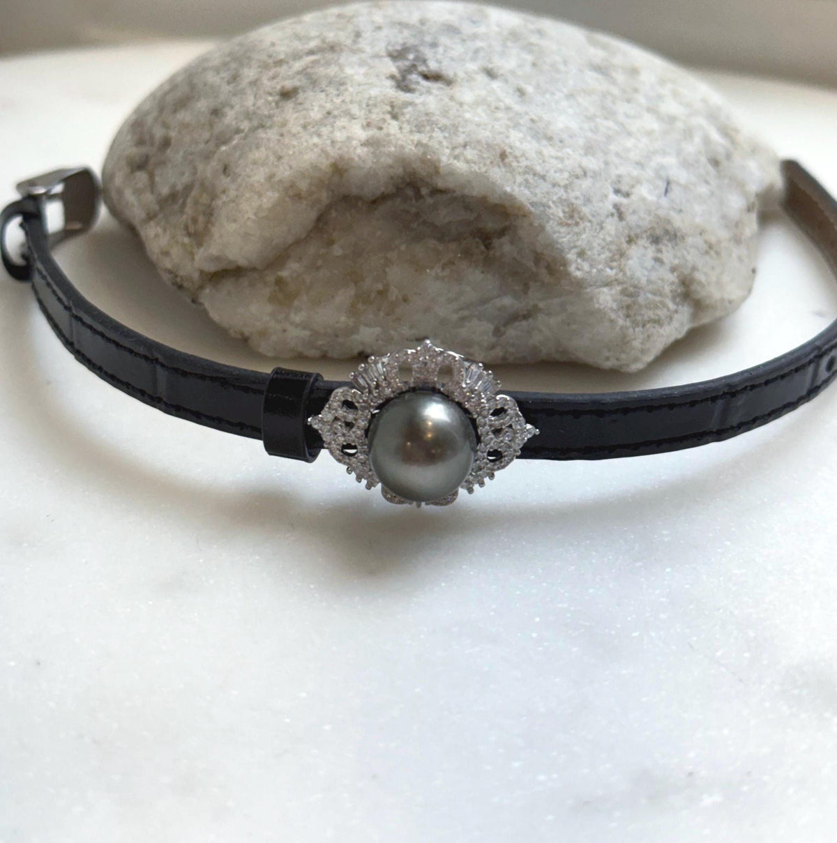 Elly’s 11.7mm Tahitian Platinum Ocean Pearl Genius Leather Strap Bracelet: Extreme luster mirrored, for 6.1”- 8” wrist. gift for her