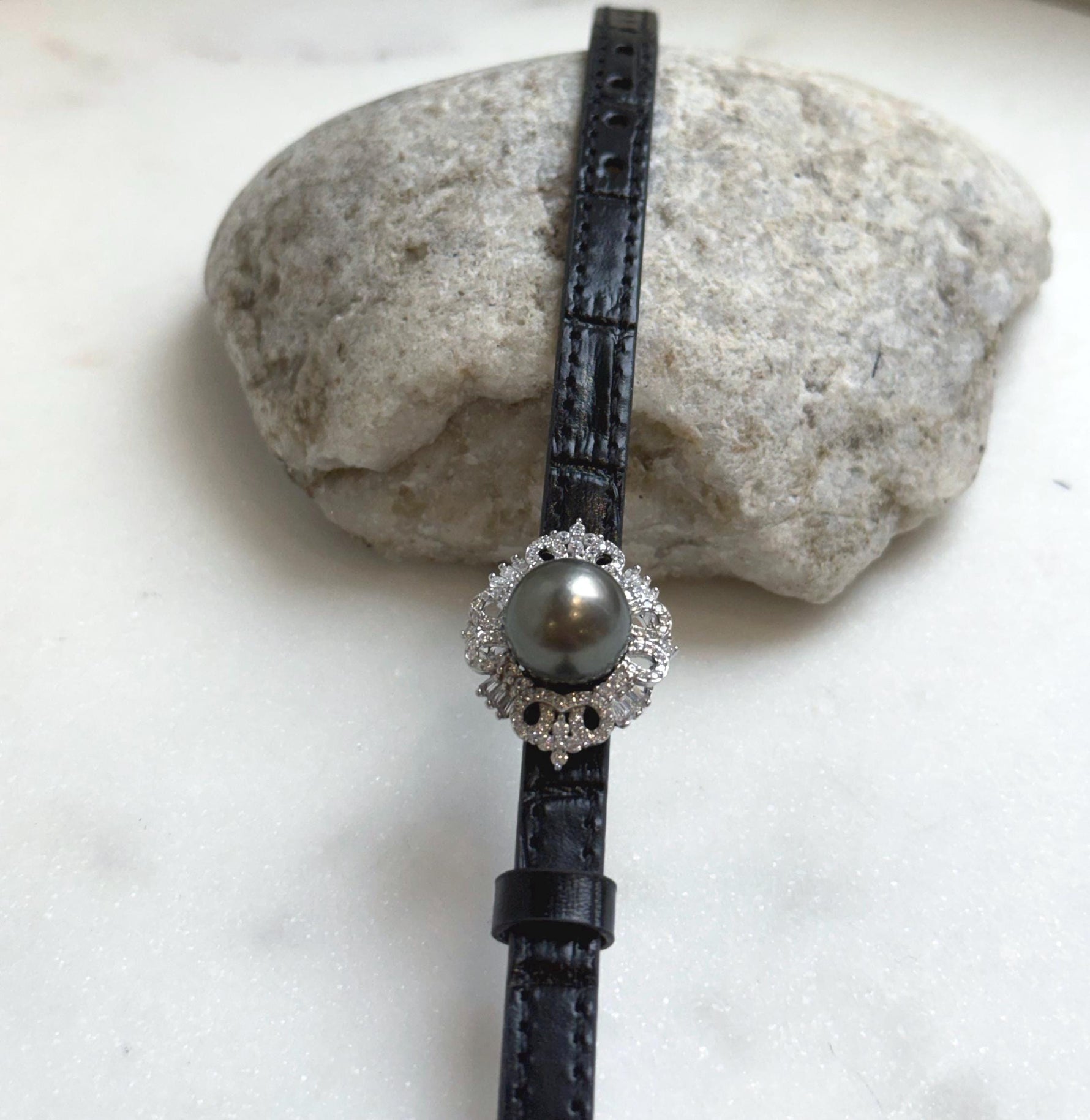 Elly’s 11.7mm Tahitian Platinum Ocean Pearl Genius Leather Strap Bracelet: Extreme luster mirrored, for 6.1”- 8” wrist. gift for her daily office wear