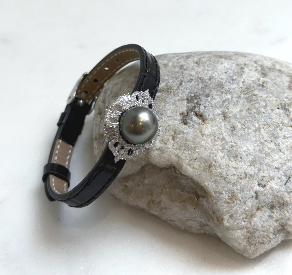 Elly’s 11.7mm Tahitian Platinum Ocean Pearl Genius Leather Strap Bracelet: Extreme luster mirrored, for 6.1”- 8” wrist. gift for her