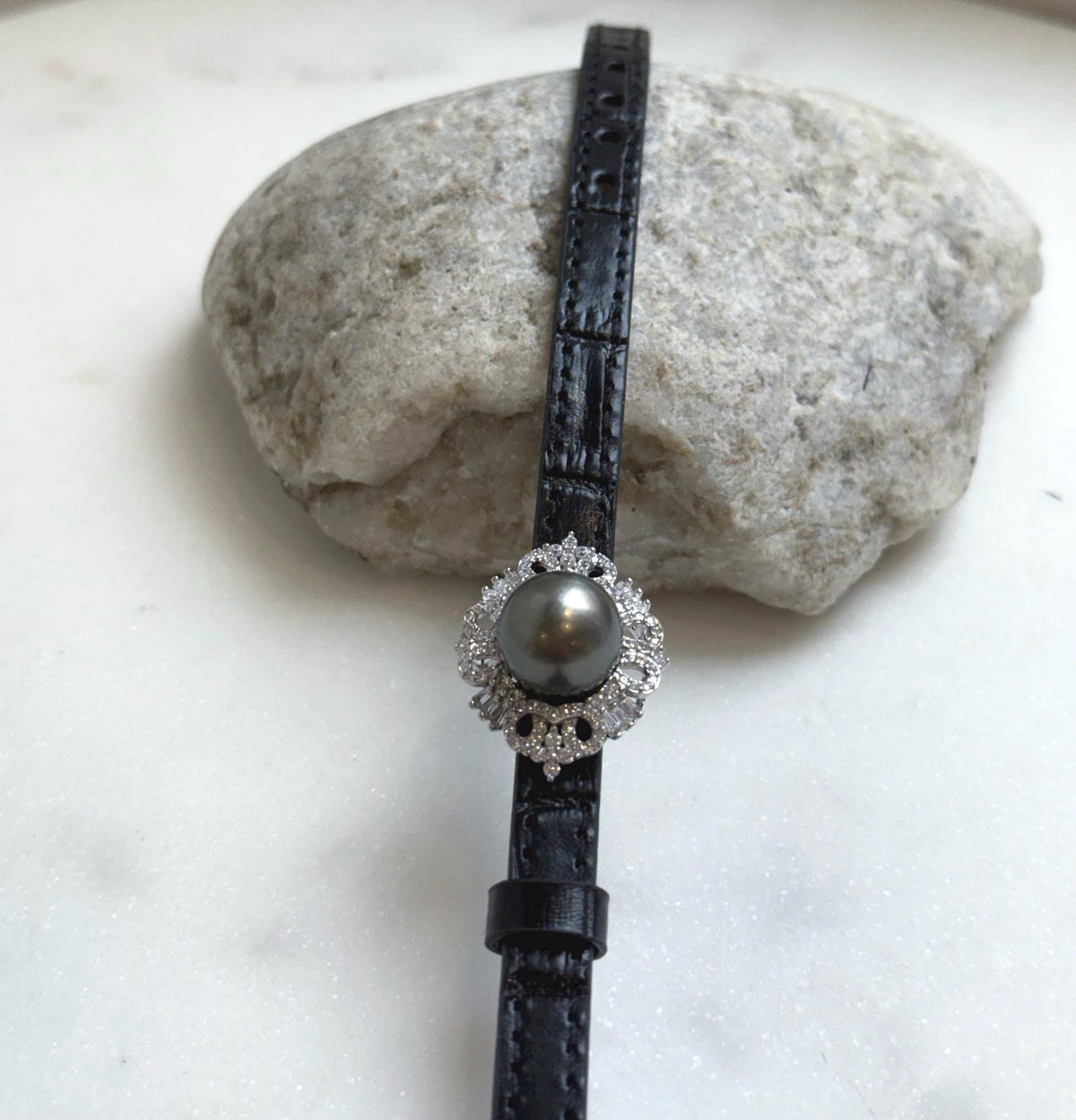 Elly’s 11.7mm Tahitian Platinum Ocean Pearl Genius Leather Strap Bracelet: Extreme luster mirrored, for 6.1”- 8” wrist. gift for her