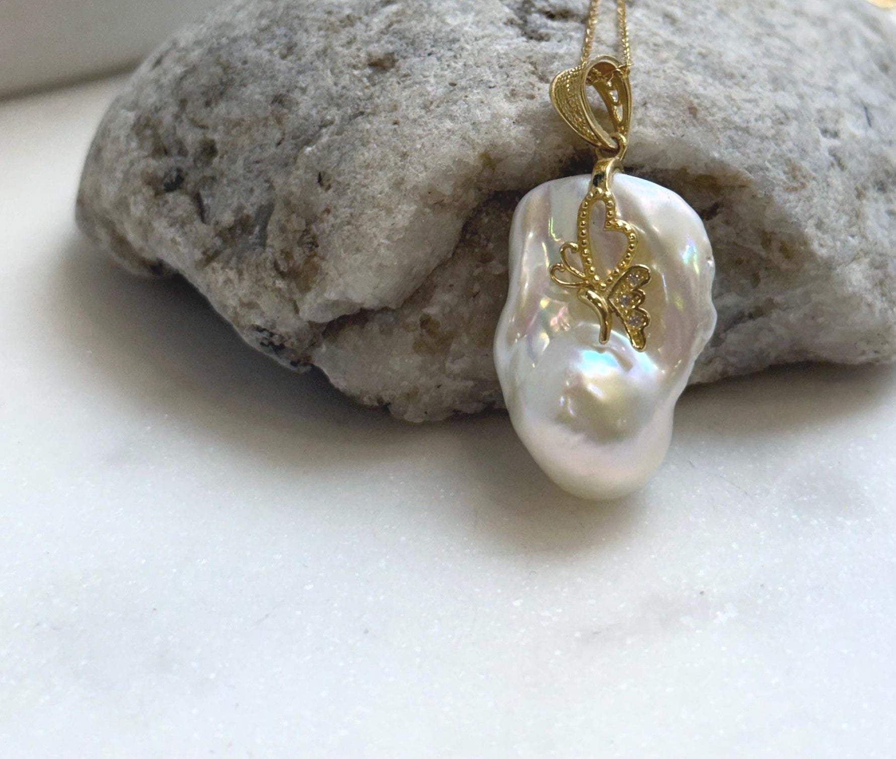Elly’s Insale White Iridescent baroque pearl Pendant: Extreme luster, 19.4x27mm, 4cm high, S925 silver butterfly pendant. gift for her daily office wear