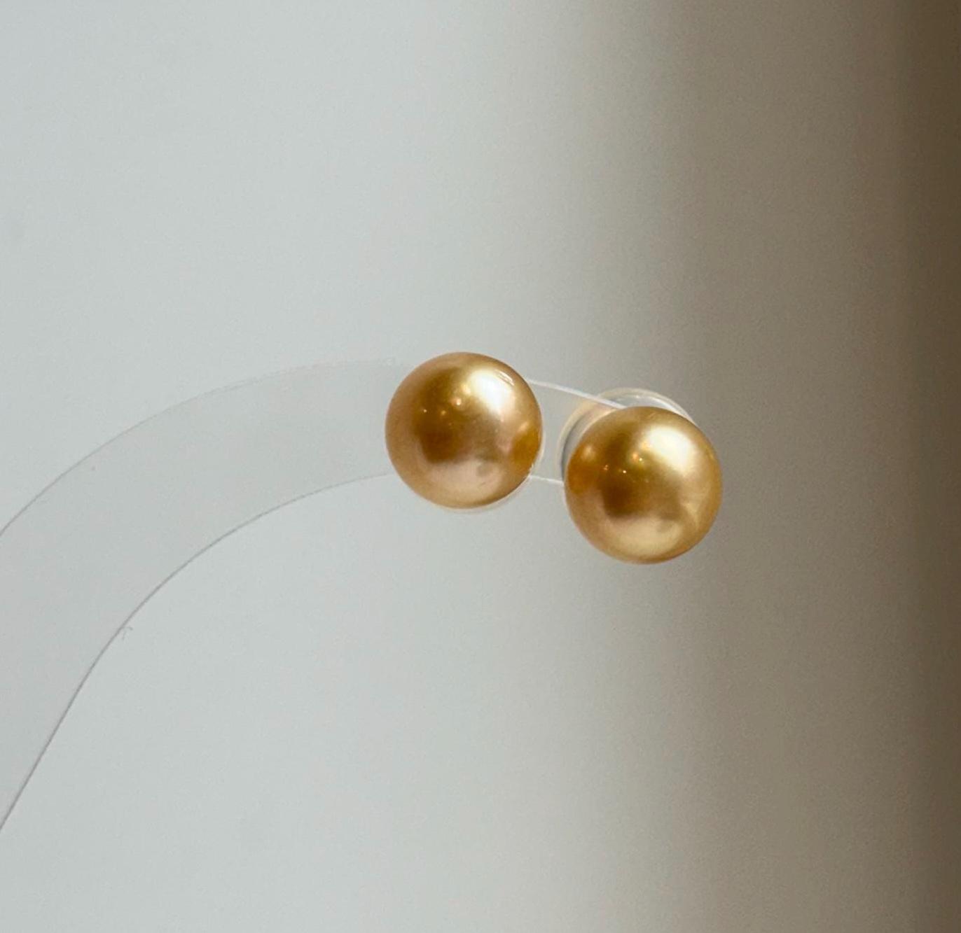 Elly’s 9.5mm Genius natural South sea Deep Gold ocean Pearls Earrings studs: Extreme luster, S925 silver minimalist earrings studs.