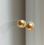 Elly’s 9.5mm Genius natural South sea Deep Gold ocean Pearls Earrings studs: Extreme luster, S925 silver minimalist earrings studs.daily office golden ocean pearls earrings studs for her