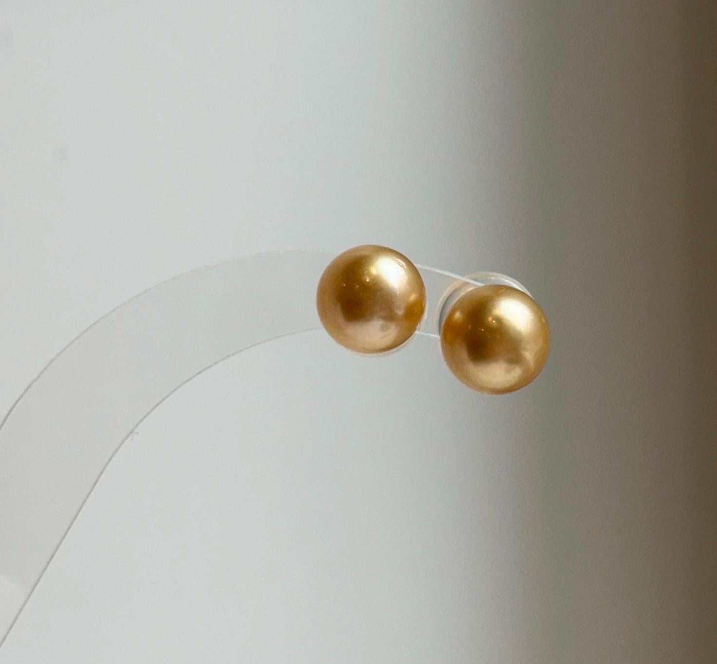 Elly’s 9.5mm Genius natural South sea Deep Gold ocean Pearls Earrings studs: Extreme luster, S925 silver minimalist earrings studs.daily office golden ocean pearls earrings studs for her birthday