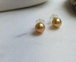 Elly’s 9.5mm Genius natural South sea Deep Gold ocean Pearls Earrings studs: Extreme luster, S925 silver minimalist earrings studs.daily office golden ocean pearls earrings studs for her