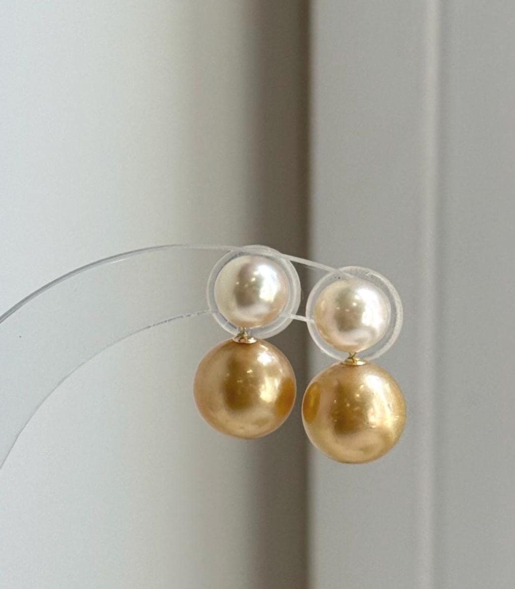 Elena Elly’s Au750 18K gold South sea golden Akoya ocean pearls Earrings: Extreme luster mirrored, 7.2-10.5mm, 18k gold earrings. high quality 18k golden pearls earrings for her holiday
