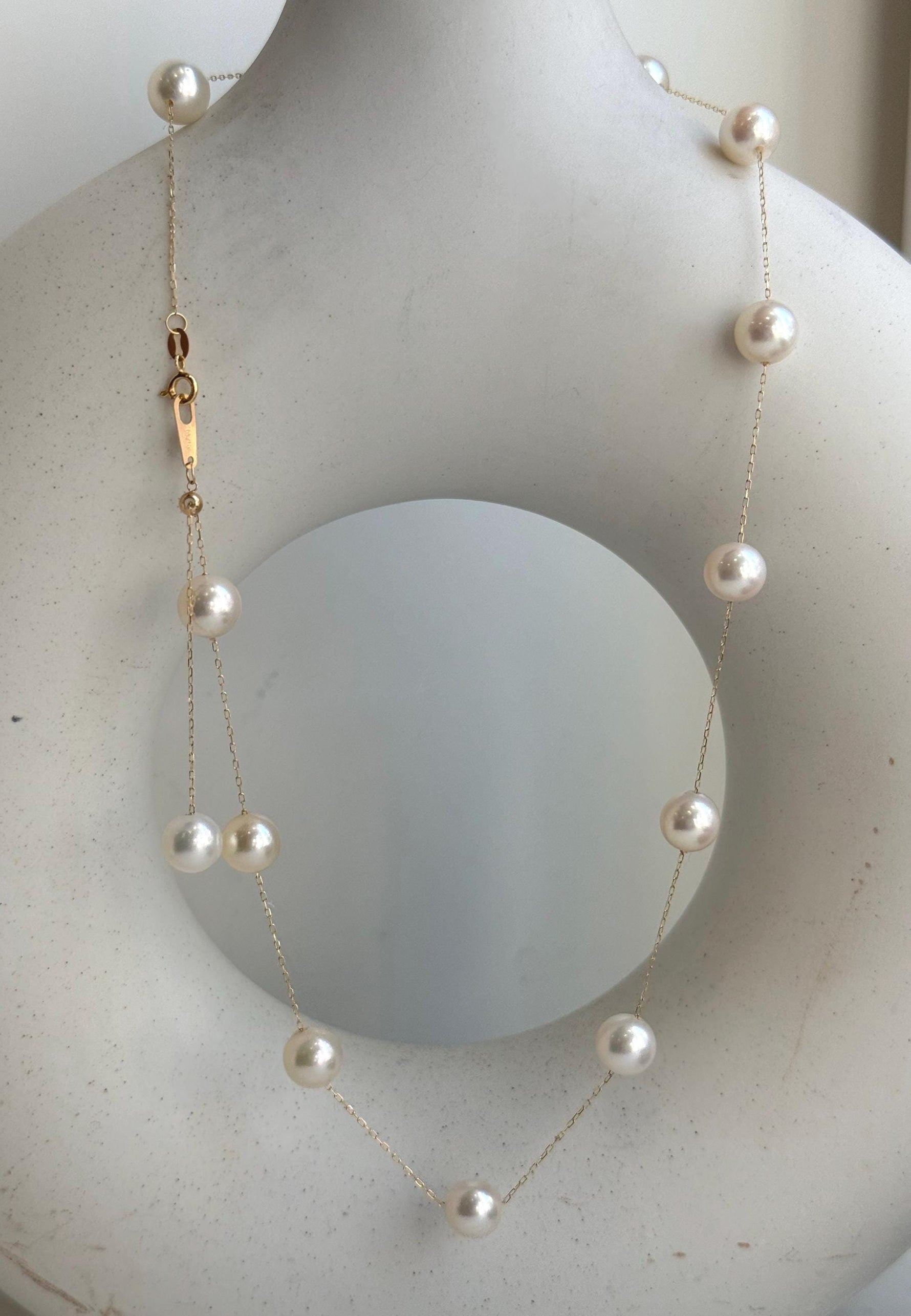 Elly’s Au750 18K Gold, extreme luster Mirrored, 14pcs Akoya Ivory Ocean Pearls  vintage Satellite Necklace, 7.2-7.9mm, 17.7”. high quality ocean pearls 18k gold satellite necklace for her anniversary