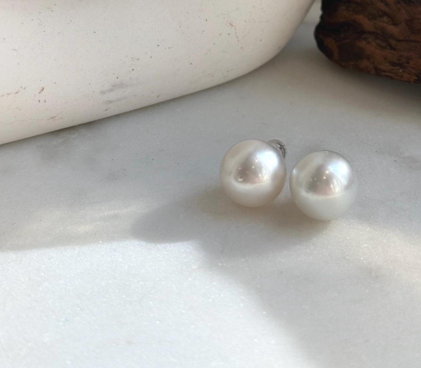 Elly’s 13.6mm Huge Australian Ocean White Pearls Earrings Studs: Extreme luster mirrored, S925 silver minimalist earrings studs. high quality pearls earrings studs for her holiday