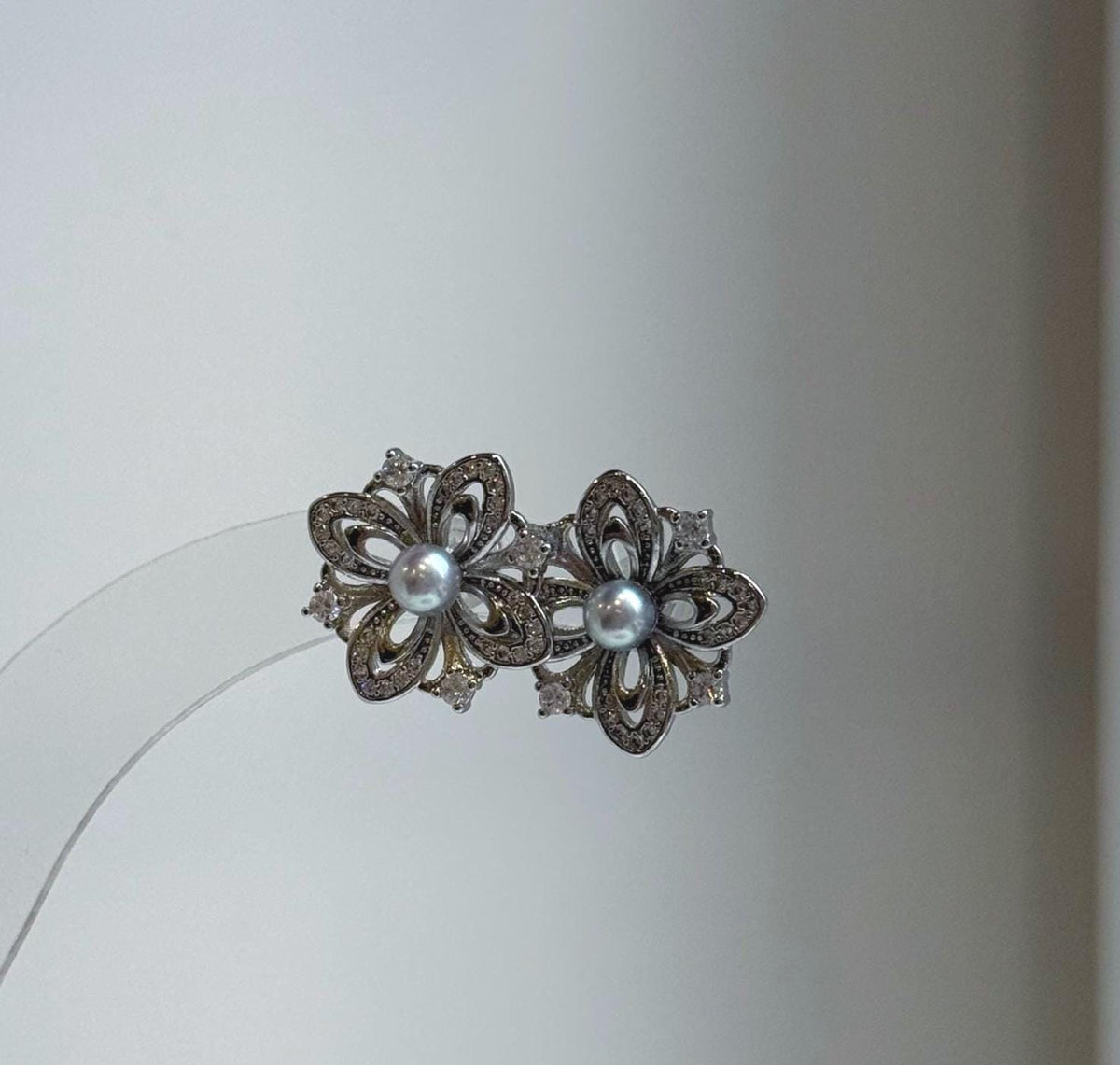 Elly’s 4mm Akoya blue silver ocean pearls Floral Earrings: Extreme luster mirrored, 1.7cm dia, S925 silver earrings. Pearl jewelry idea. gift for her