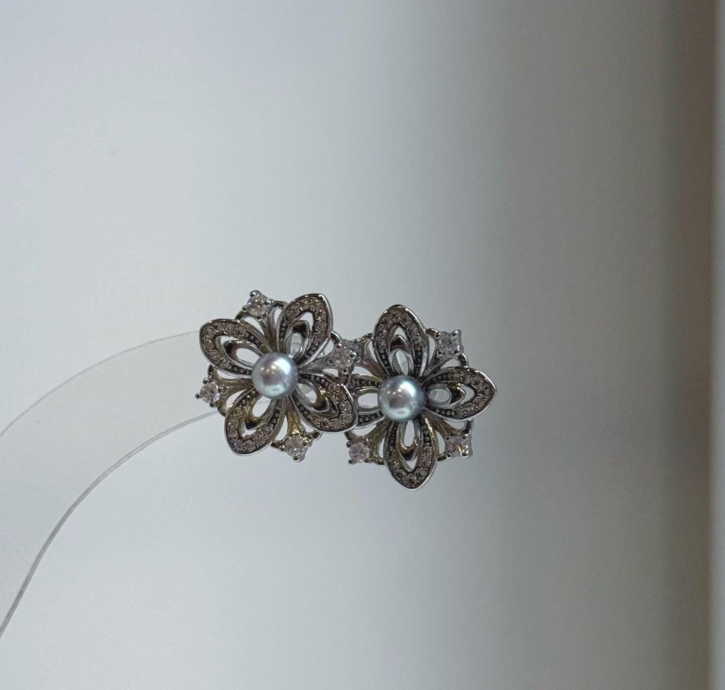 Elly’s 4mm Akoya blue silver ocean pearls Floral Earrings: Extreme luster mirrored, 1.7cm dia, S925 silver earrings. Pearl jewelry idea. gift for her