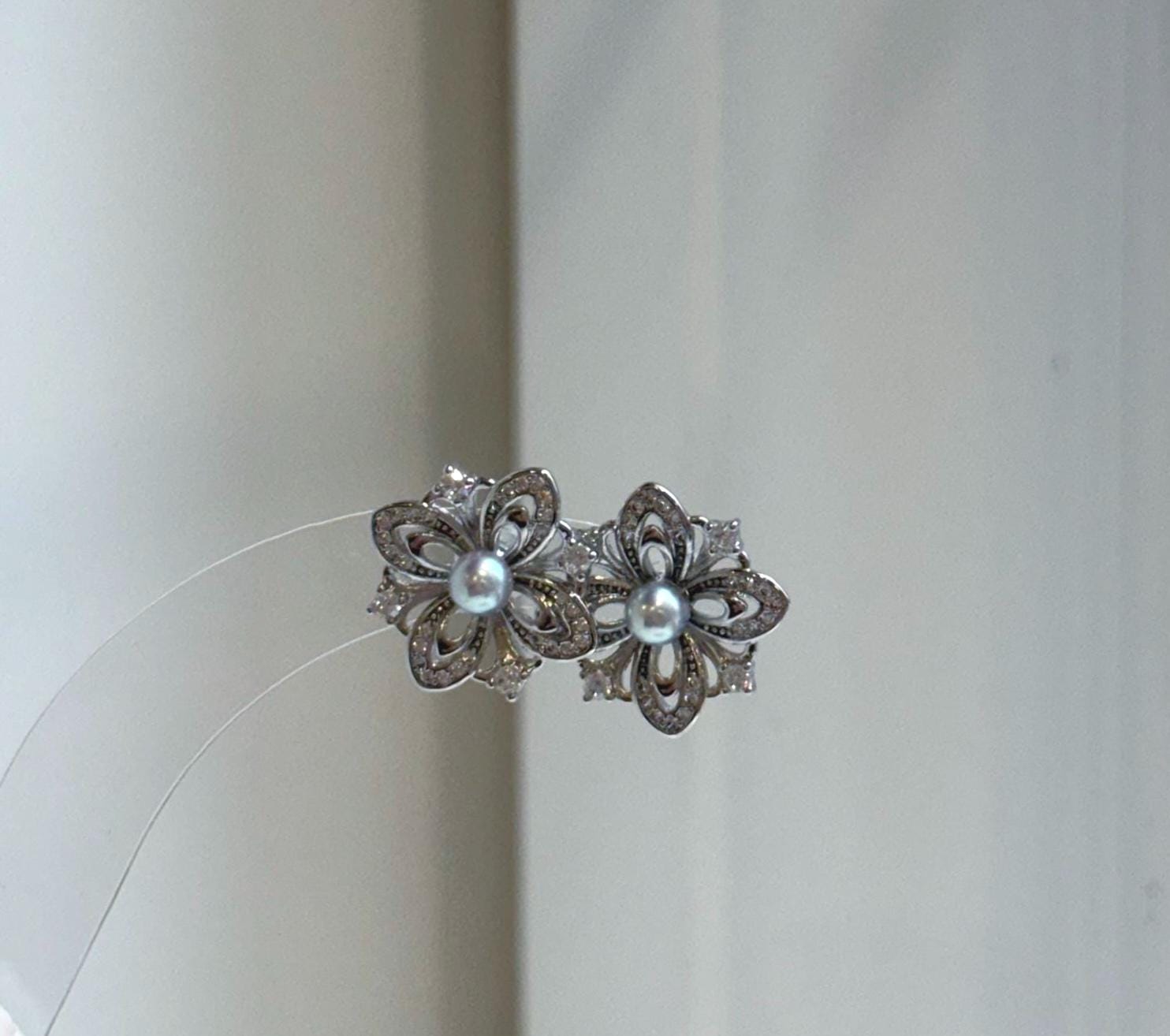 Elly’s 4mm Akoya blue silver ocean pearls Floral Earrings: Extreme luster mirrored, 1.7cm dia, S925 silver earrings. Pearl jewelry idea. gift for her birthday