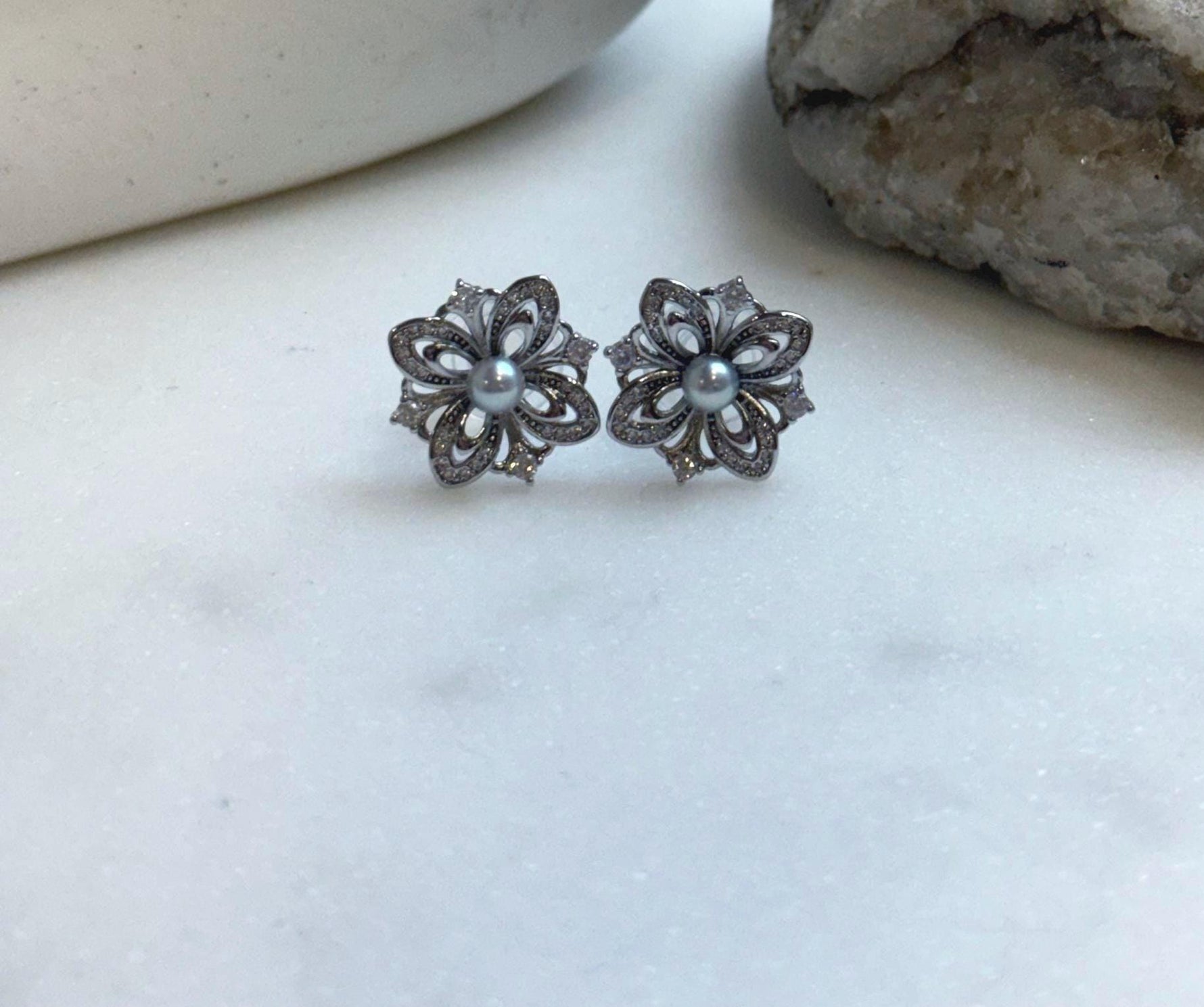 Elly’s 4mm Akoya blue silver ocean pearls Floral Earrings: Extreme luster mirrored, 1.7cm dia, S925 silver earrings. Pearl jewelry idea. gift for her anniversary