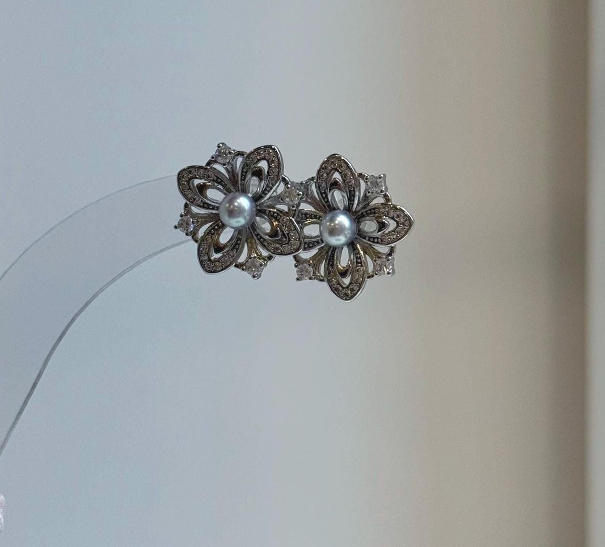 Elly’s 4mm Akoya blue silver ocean pearls Floral Earrings: Extreme luster mirrored, 1.7cm dia, S925 silver earrings. Pearl jewelry idea. gift for her holiday