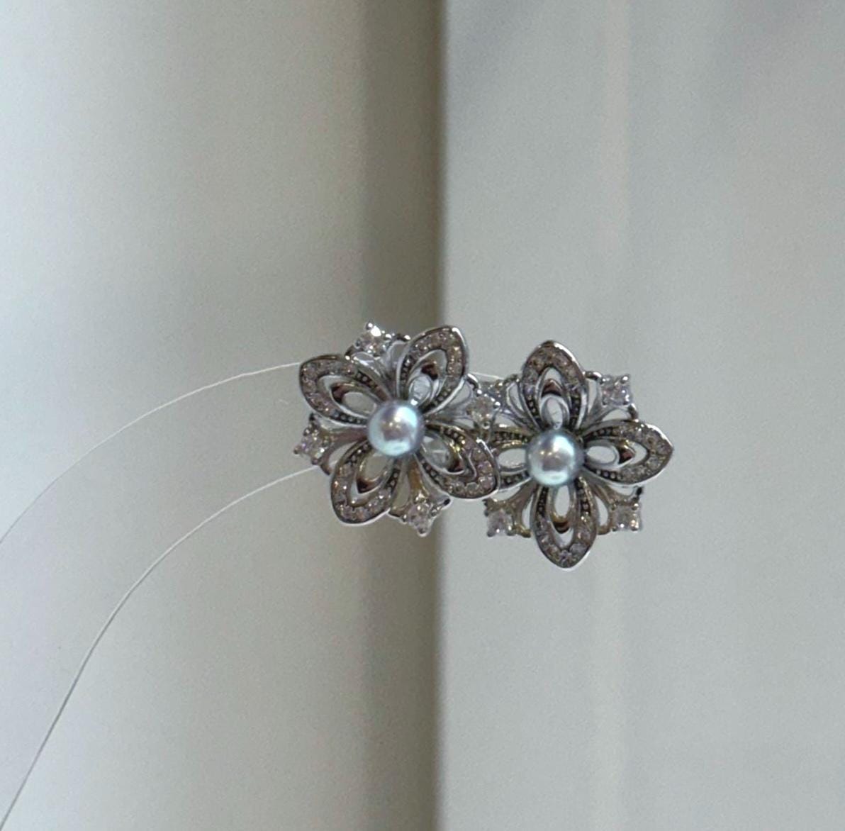 Elly’s 4mm Akoya blue silver ocean pearls Floral Earrings: Extreme luster mirrored, 1.7cm dia, S925 silver earrings. Pearl jewelry idea. gift for her daily office wear