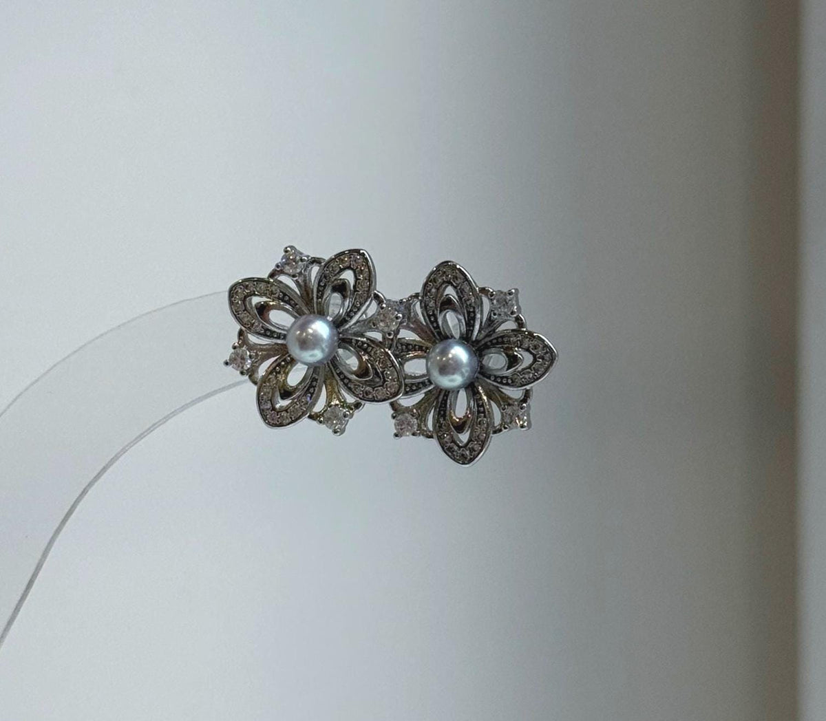Elly’s 4mm Akoya blue silver ocean pearls Floral Earrings: Extreme luster mirrored, 1.7cm dia, S925 silver earrings. Pearl jewelry idea. gift for her