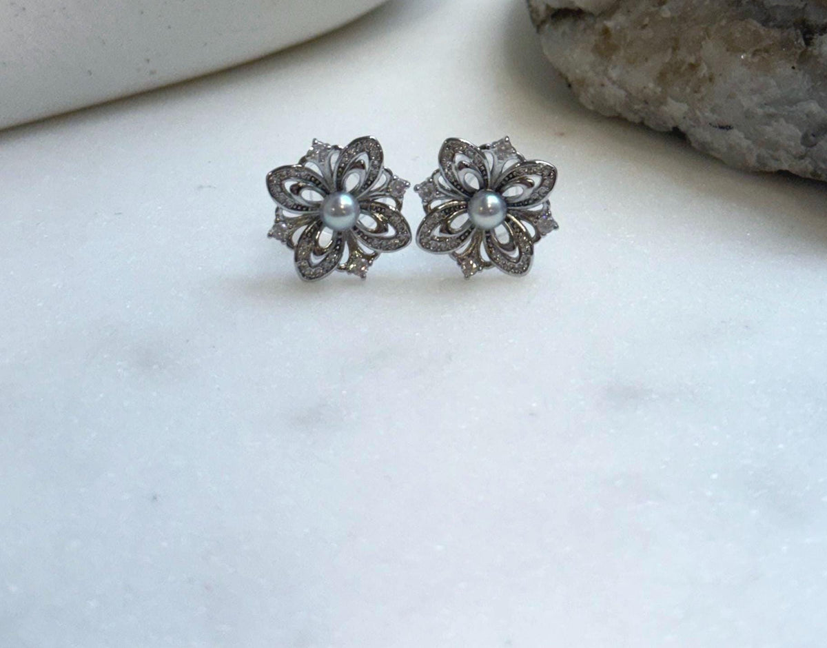 Elly’s 4mm Akoya blue silver ocean pearls Floral Earrings: Extreme luster mirrored, 1.7cm dia, S925 silver earrings. Pearl jewelry idea. gift for her