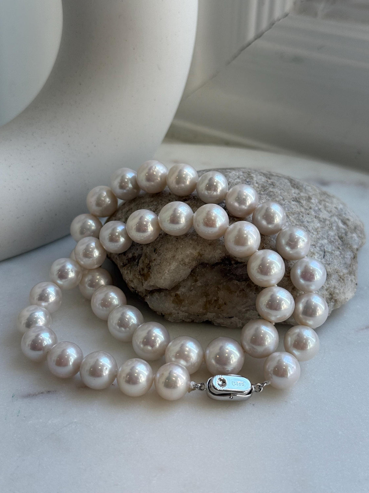 Elly’s 37pcs White large Edison Pearls Necklace Strand: Extreme luster, 11-12.4mm, 18.1”, S925 silver necklace. high quality Edison white pearls necklace for her