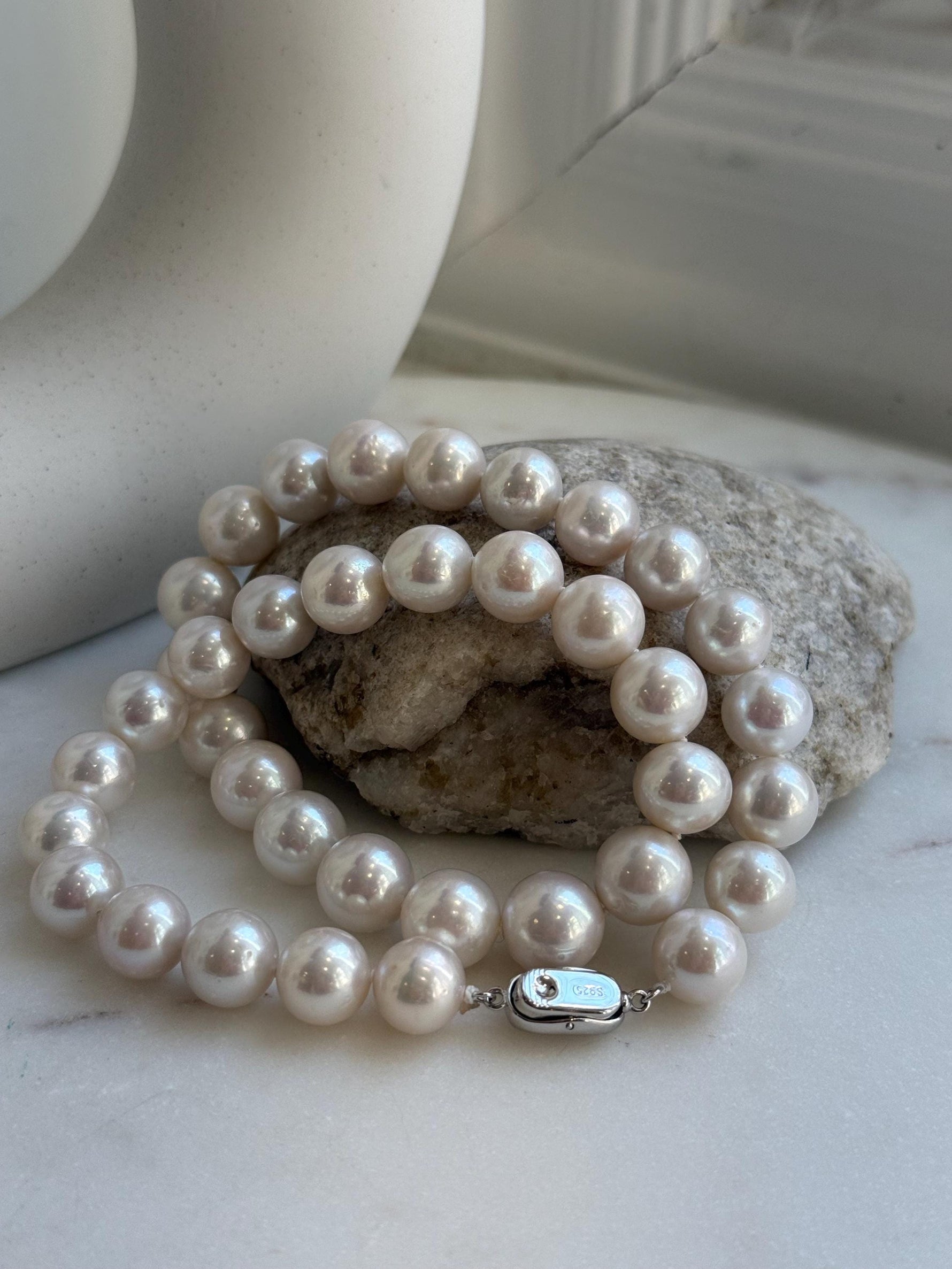 Elly’s 37pcs White large Edison Pearls Necklace Strand: Extreme luster, 11-12.4mm, 18.1”, S925 silver necklace. high quality Edison white pearls necklace for her