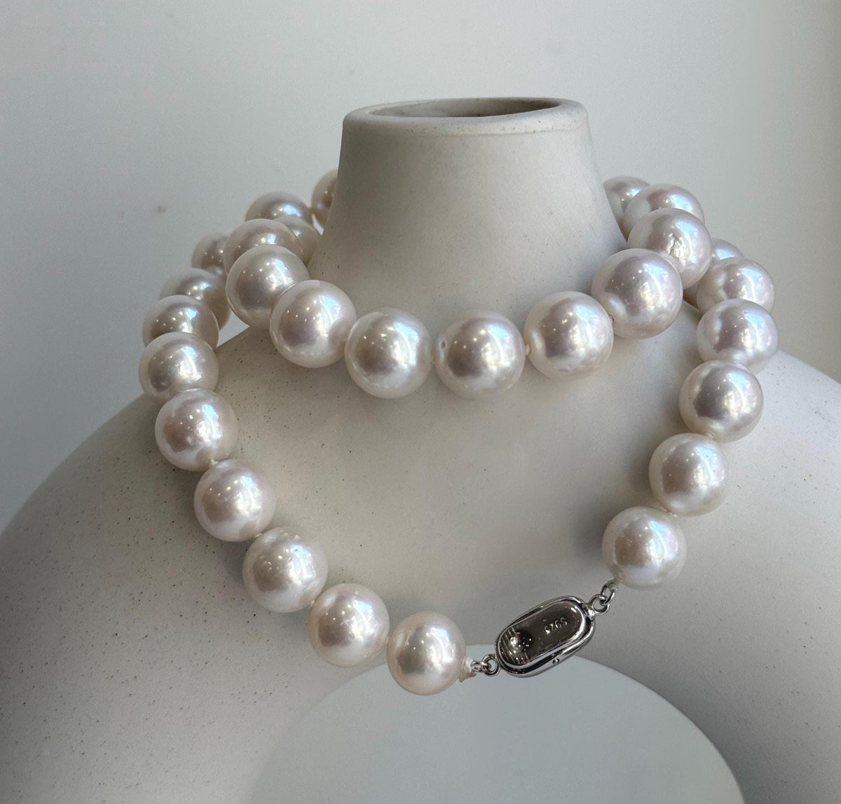 Elly’s 37pcs White large Edison Pearls Necklace Strand: Extreme luster, 11-12.4mm, 18.1”, S925 silver necklace. high quality Edison white pearls necklace for her