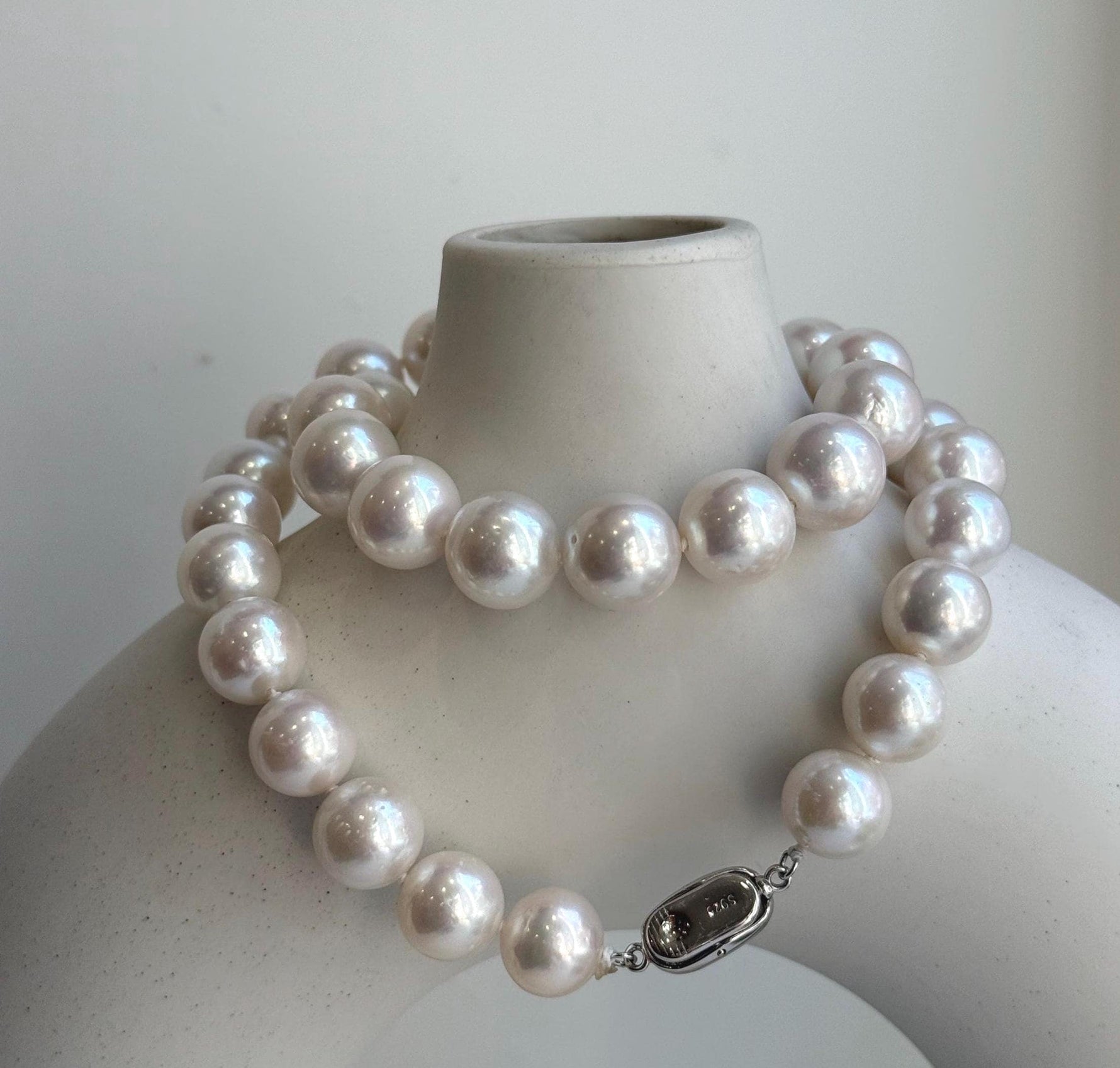 Elly’s 37pcs White large Edison Pearls Necklace Strand: Extreme luster, 11-12.4mm, 18.1”, S925 silver necklace. high quality Edison white pearls necklace for her