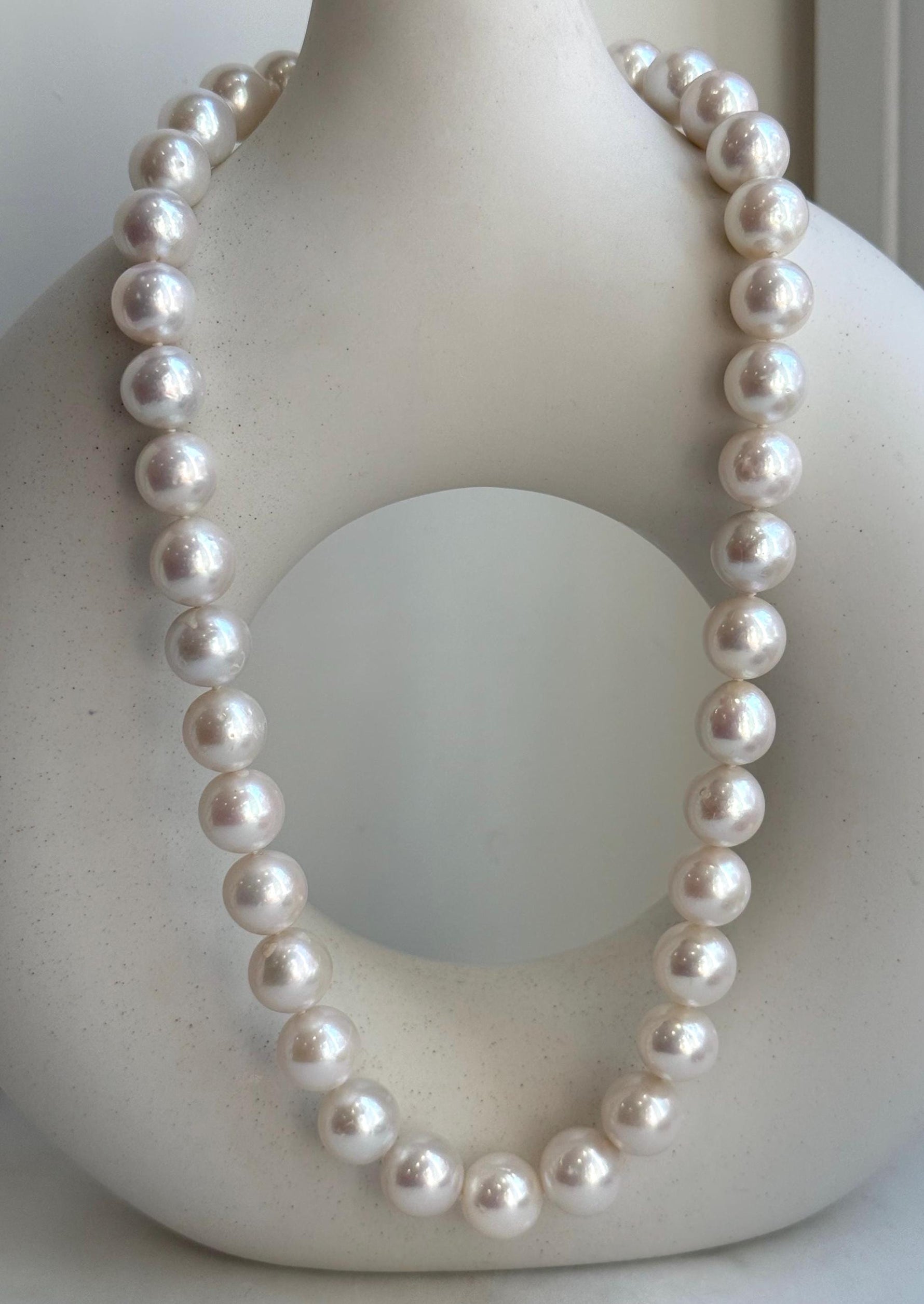 Elly’s 37pcs White large Edison Pearls Necklace Strand: Extreme luster, 11-12.4mm, 18.1”, S925 silver necklace. high quality Edison white pearls necklace for her