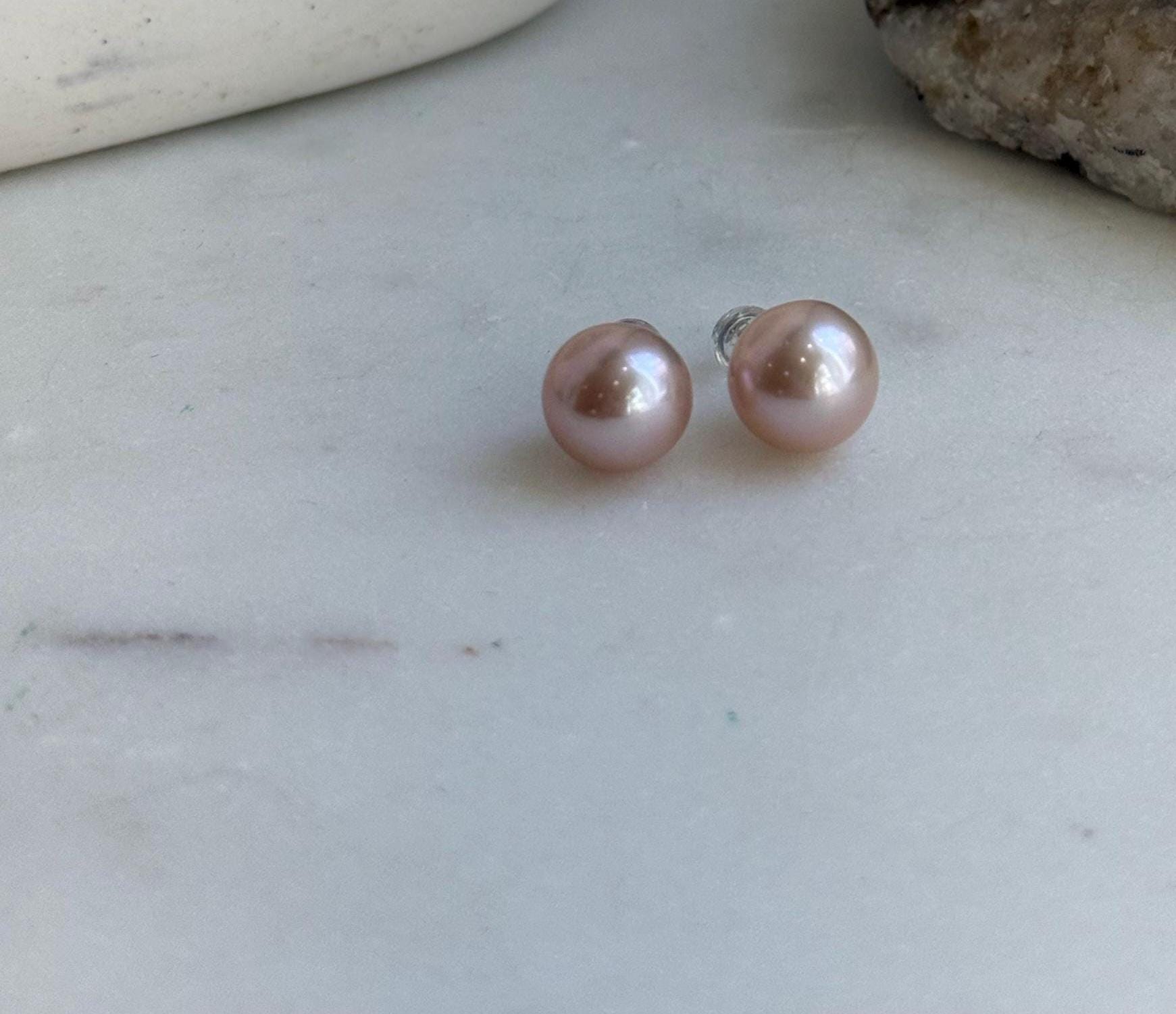 Elly’s 10.8mm Rose Edison Pearls Earrings Studs: Extreme luster Mirrored, S925 silver minimalist earrings.