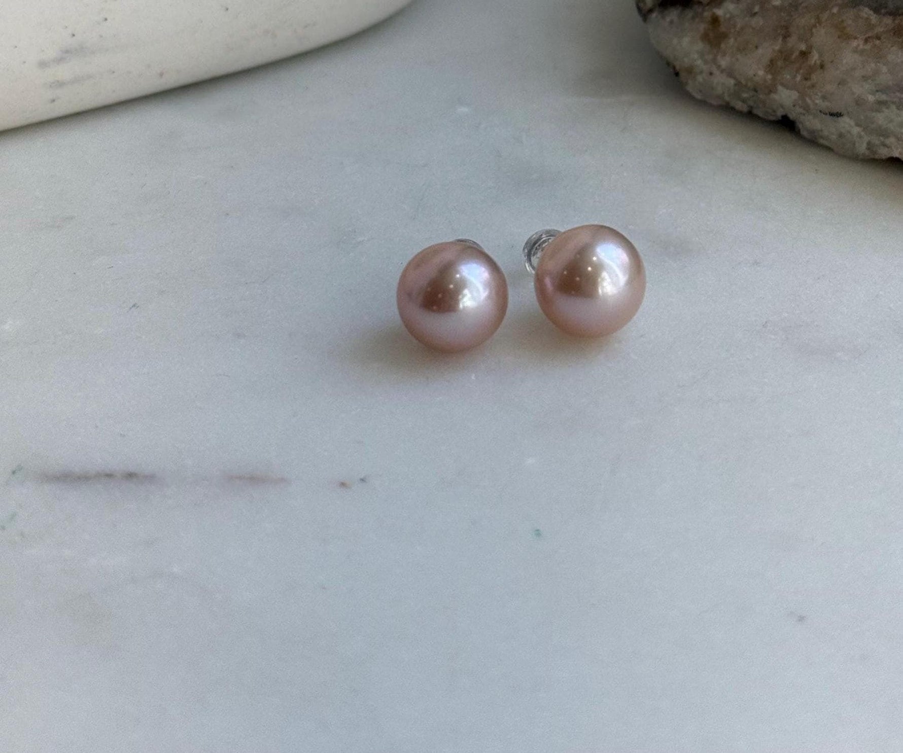 Elly’s 10.8mm Rose Edison Pearls Earrings Studs: Extreme luster Mirrored, S925 silver minimalist earrings.