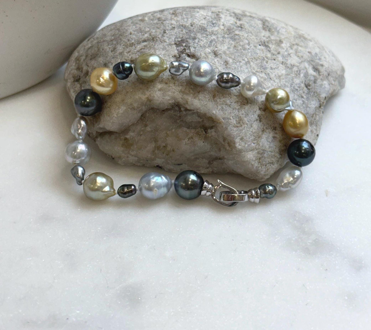 Elly’s Multicolor Ocean Pearls Bracelet: 20pcs South Sea Golden White Tahitian Akoya Pearls, Extreme luster, 3.9-9.4mm, 7.8” knotted, S925 silver bracelet. gift for her daily office wear bracelet