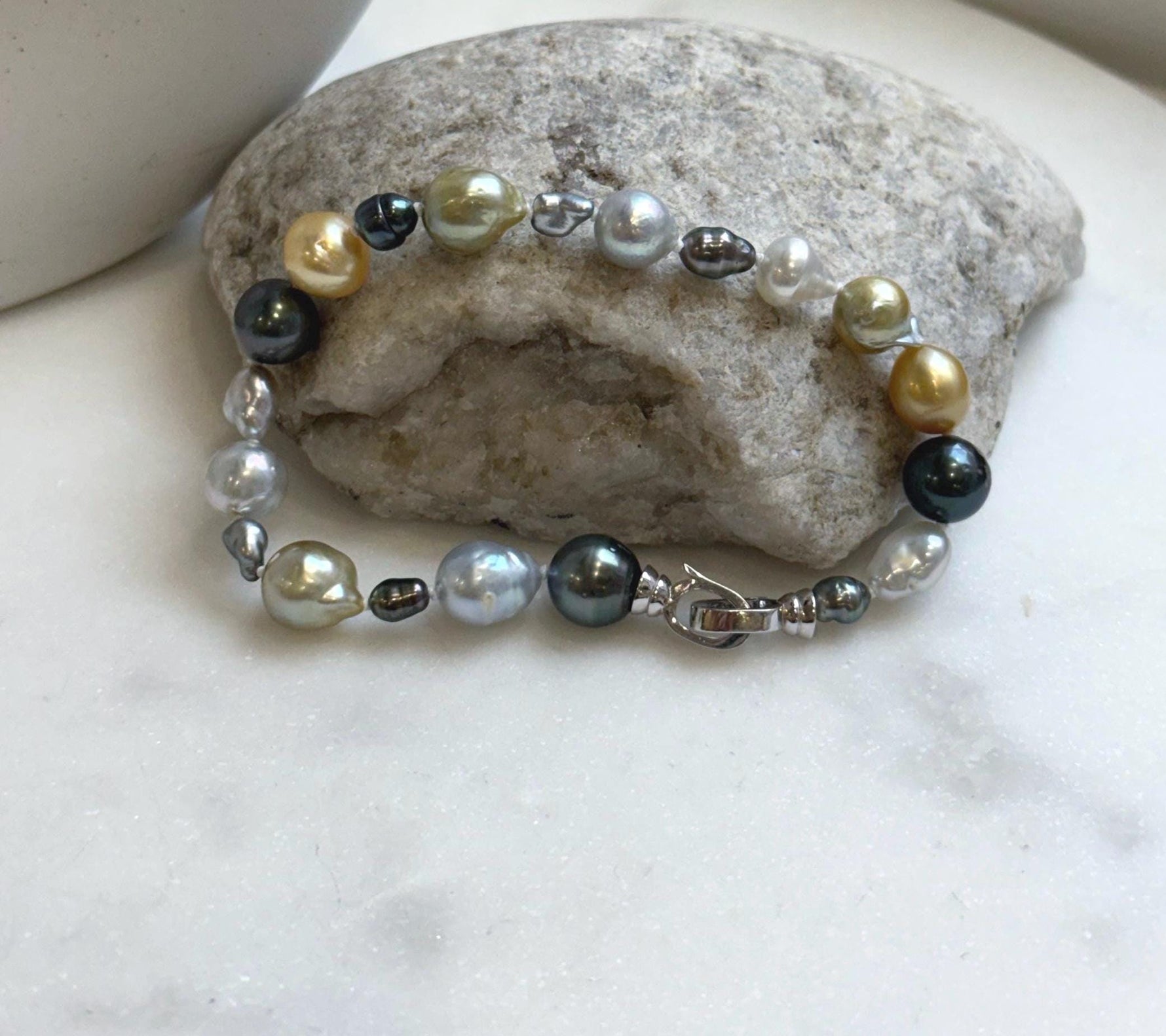Elly’s Multicolor Ocean Pearls Bracelet: 20pcs South Sea Golden White Tahitian Akoya Pearls, Extreme luster, 3.9-9.4mm, 7.8” knotted, S925 silver bracelet. gift for her daily office wear bracelet