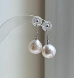 Elly’s 13.8mm Large Edison white Pearls Earrings chandeliers: Extreme luster Mirrored mirrored, 3.2cm high, S925 silver cool earrings. gift for her