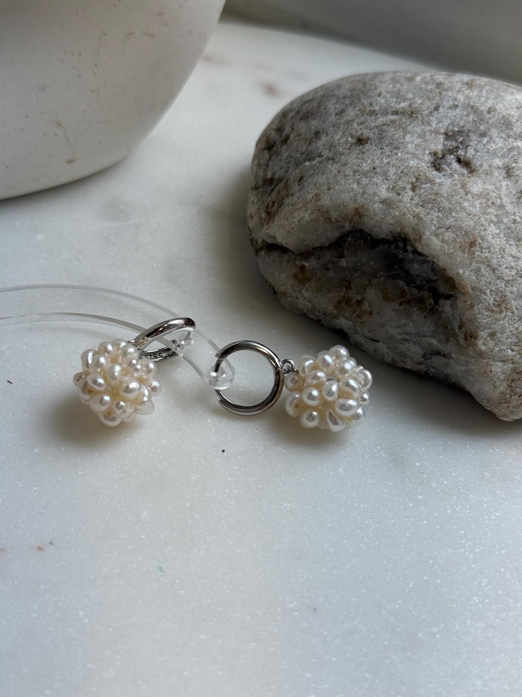 Elly’s Ivory Keshi Pearls Hydrangeas Earrings hoops: Extreme luster Mirrored, 2.8cm high, S925 silver cool earrings.