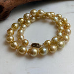 Elly’s 10-12.6mm 34pcs Genius natural South sea Golden Ocean Pearls Necklace: Extreme luster, 18.4” knotted, S925 silver necklace strand. ocean golden pearls necklace for her