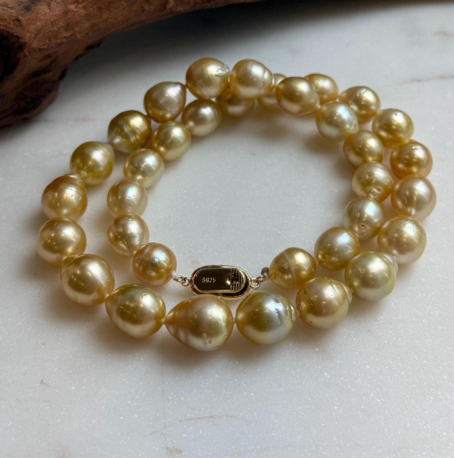 Elly’s 10-12.6mm 34pcs Genius natural South sea Golden Ocean Pearls Necklace: Extreme luster, 18.4” knotted, S925 silver necklace strand. ocean golden pearls necklace for her
