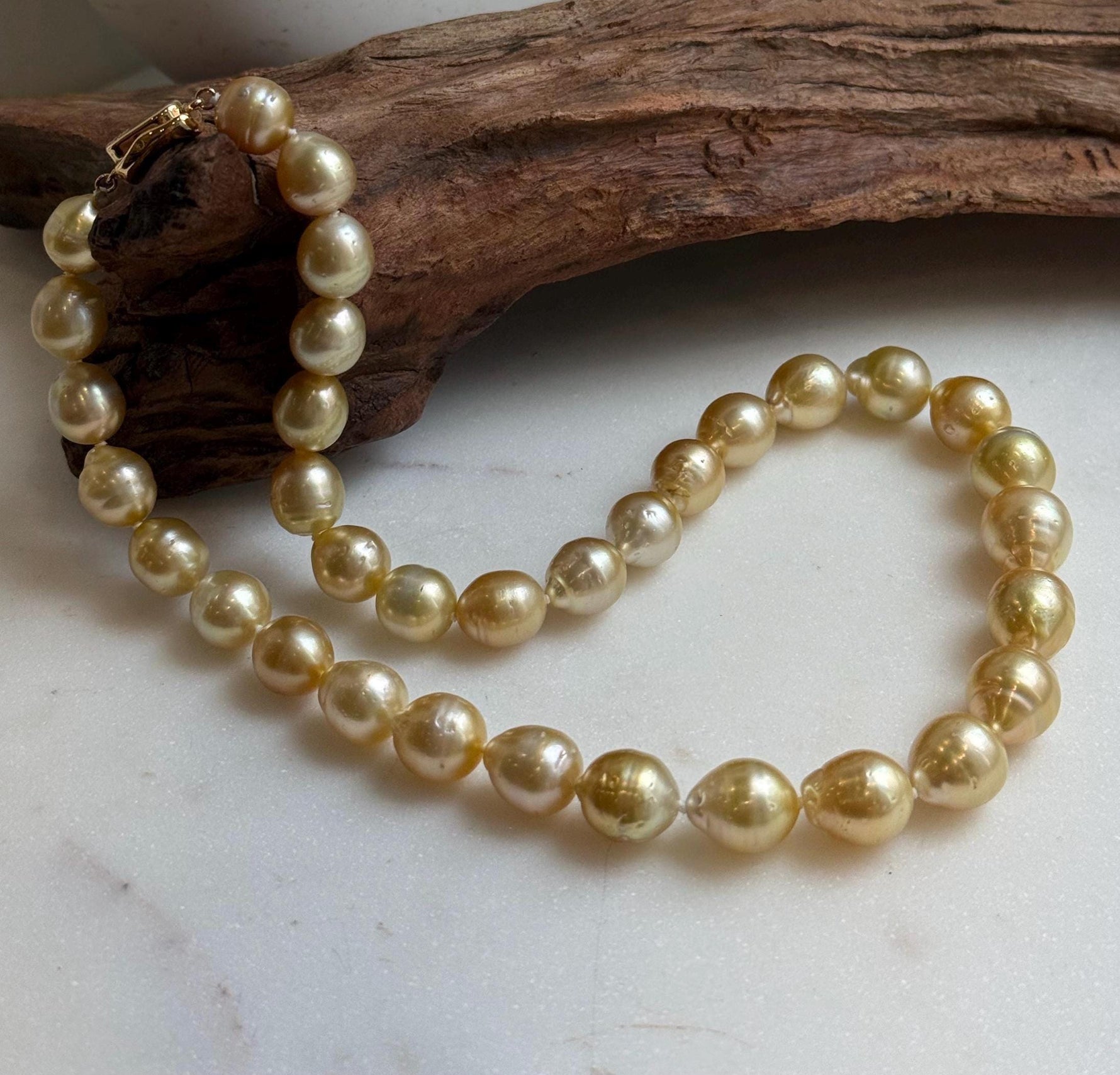 Elly’s 10-12.6mm 34pcs Genius natural South sea Golden Ocean Pearls Necklace: Extreme luster, 18.4” knotted, S925 silver necklace strand. ocean golden pearls necklace for her anniversary