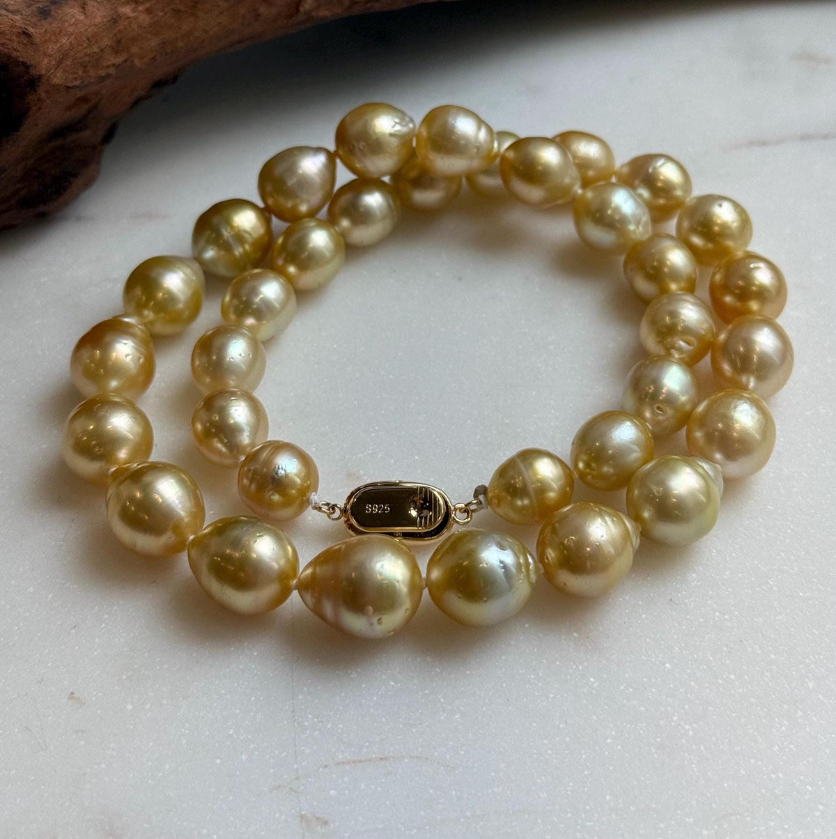 Elly’s 10-12.6mm 34pcs Genius natural South sea Golden Ocean Pearls Necklace: Extreme luster, 18.4” knotted, S925 silver necklace strand. ocean golden pearls necklace for her holiday