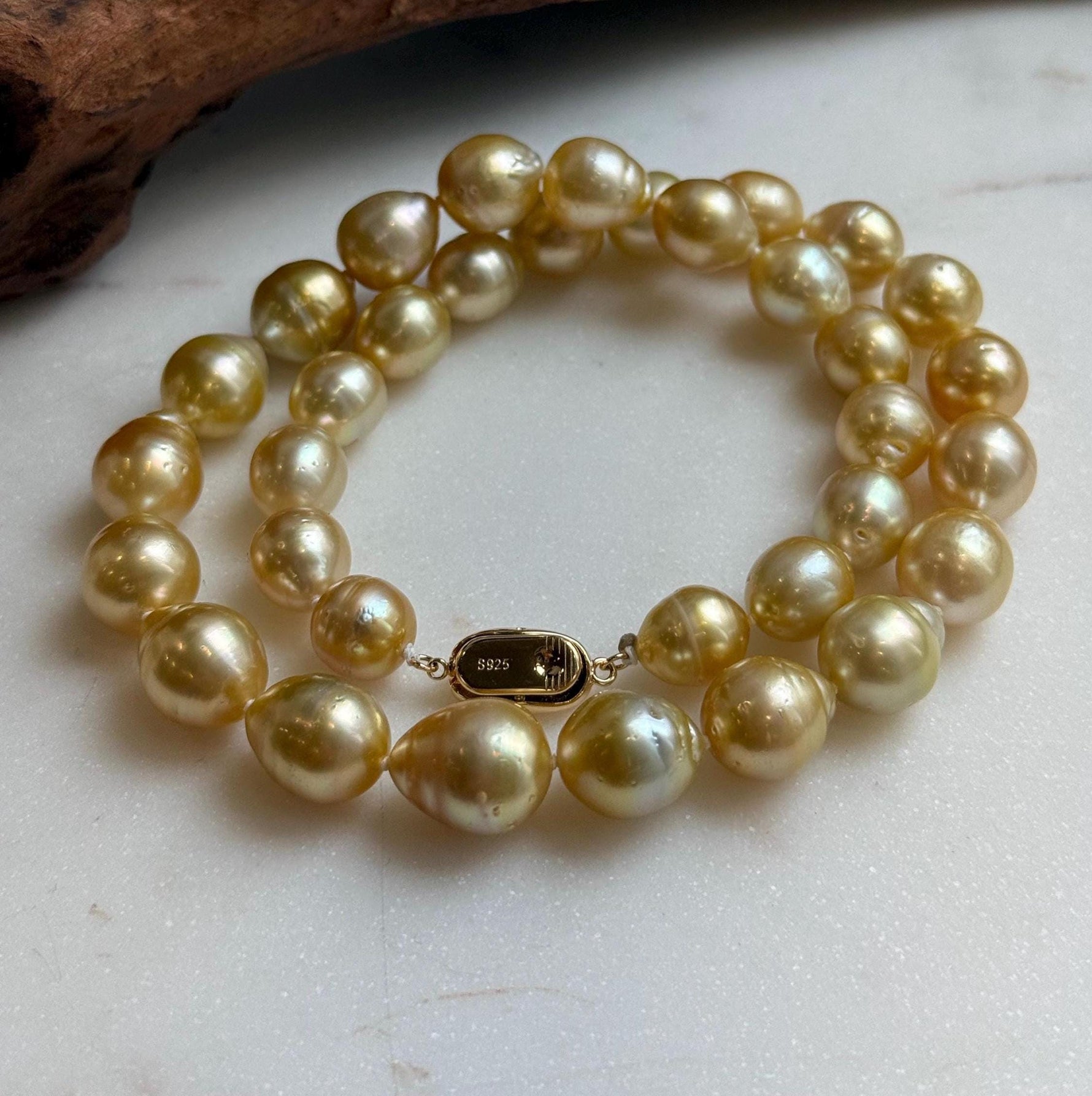 Elly’s 10-12.6mm 34pcs Genius natural South sea Golden Ocean Pearls Necklace: Extreme luster, 18.4” knotted, S925 silver necklace strand. ocean golden pearls necklace for her holiday