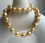 Elly’s 10-12.6mm 34pcs Genius natural South sea Golden Ocean Pearls Necklace: Extreme luster, 18.4” knotted, S925 silver necklace strand. ocean golden pearls necklace for her